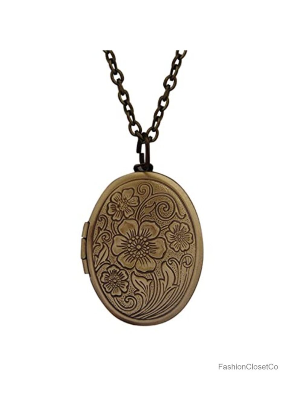 Vintage Engraved Flower Photo Locket Necklace Oval Pendant Memorial Jewelry